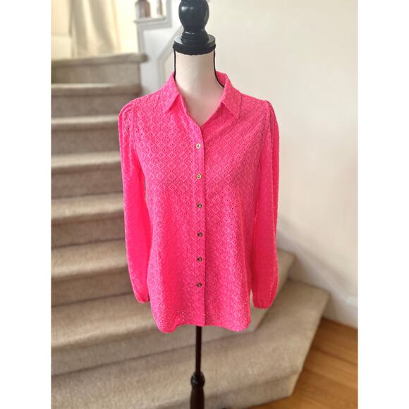 Lilly Pulitzer Sea Breeze Hot Pink Neon Eyelet Button Down Blouse - Picture 1 of 7